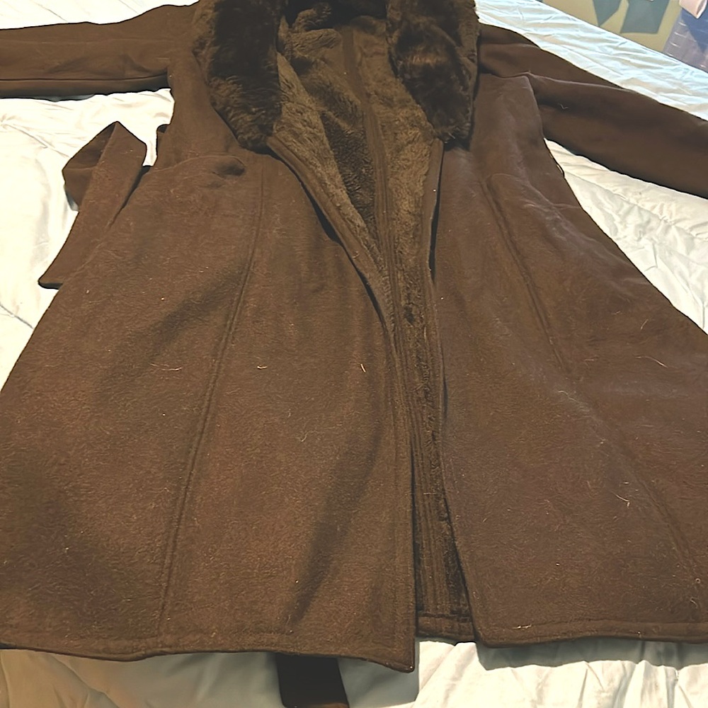 Chocolate brown full length shearling belted coat